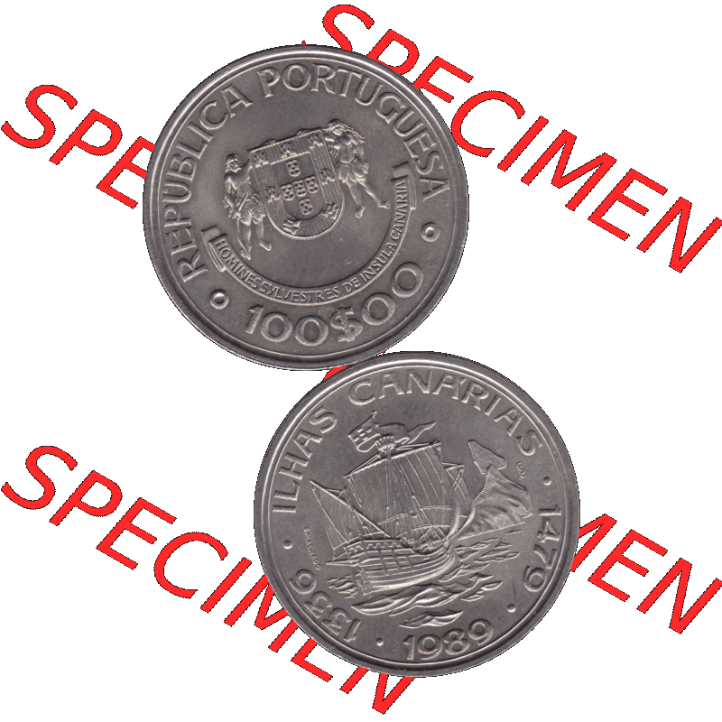 Alte Gedenkmünze aus Portugal als PNG-Grafik 1989, 100 Escudos, Ilhas Canarias. Vorderseite und Rückseite vertikal - untereinander auf einen Bild/Foto zusammengefügt... Sammlung