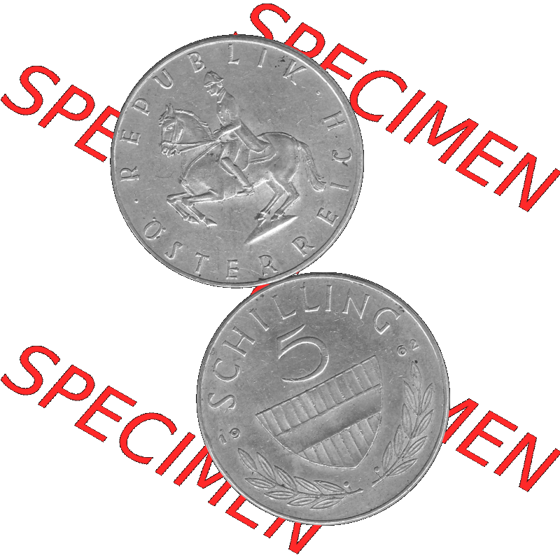 Alte Münze 5 / Fünf Schilling Österreich in s/w Schwarzweiß bzw. Graustufen Farbgebung von Scanner transparenten PNG 1960-1968, 5 Fünf Schilling 1962-01,... Sammlung