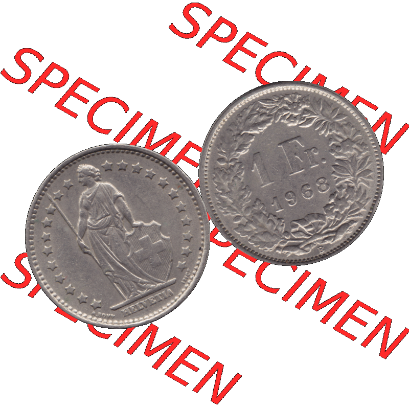 Alte Münze Schweiz in original Farbgebung vom Scanner transparenten PNG 1968-1982, 1 Franken B 1968-03. Vorderseite und Rückseite der Münze aus der Schweiz horizontal auf einen... Sammlung