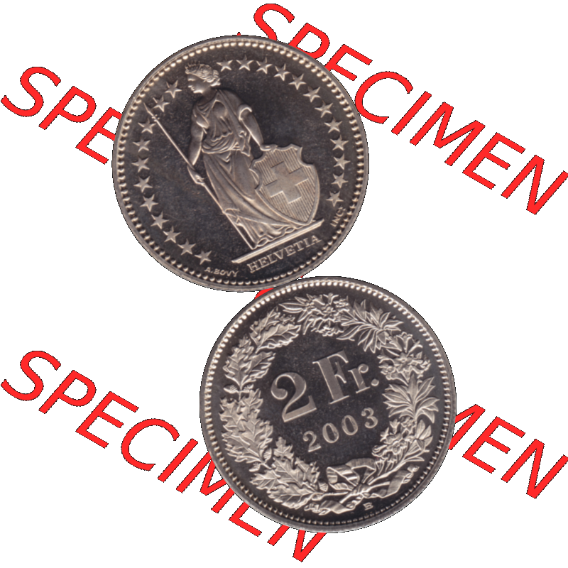 Alte Münze KMS Schweiz in original Farbgebung vom Scanner transparenten PNG 1983-2018, 2 Franken 2003. Vorderseite und Rückseite der Münze Umlaufmünze / Kursmünze... Sammlung