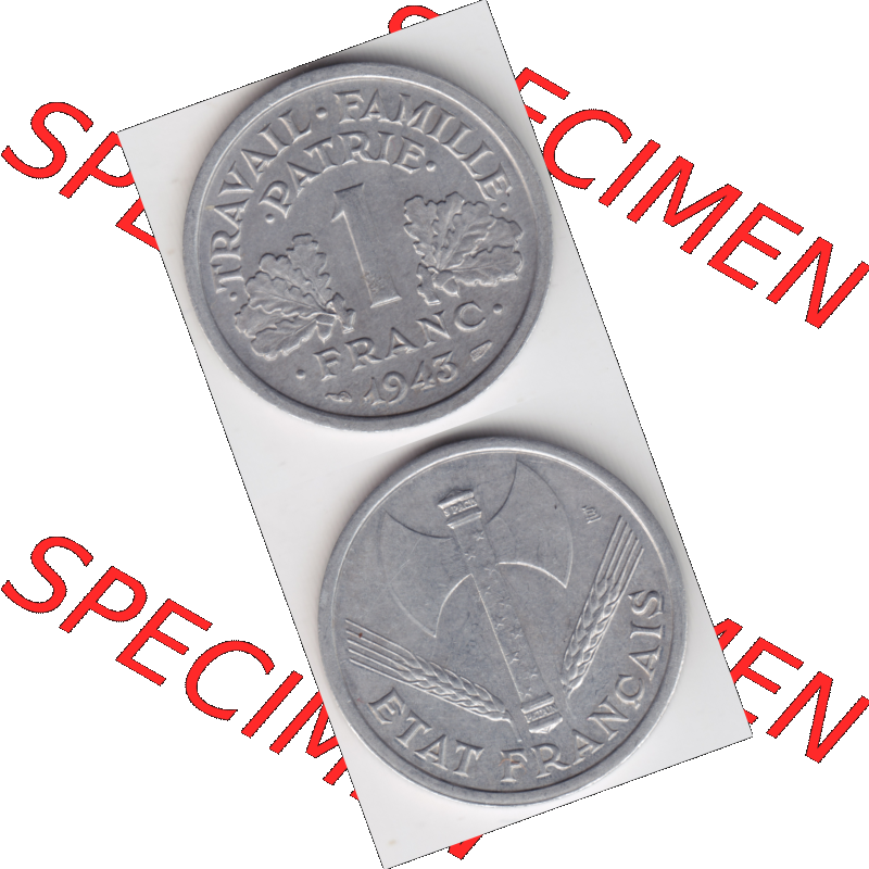 Münze Frankreich Umlaufmünzen Sammlung in PNG 1942-1944, 1 Franc, Franken 1943 (4) - Digitales Münzen-Bildmaterial einer französischen Francs Münze aus Frankreich... Sammlung
