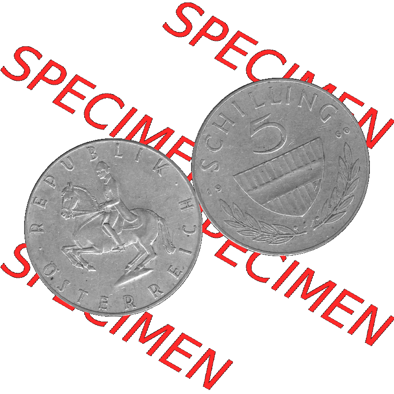 Alte Münze 5 / Fünf Schilling Österreich in s/w Schwarzweiß bzw. Graustufen Farbgebung von Scanner transparenten PNG 1960-1968, 5 Fünf Schilling 1960-01,... Sammlung