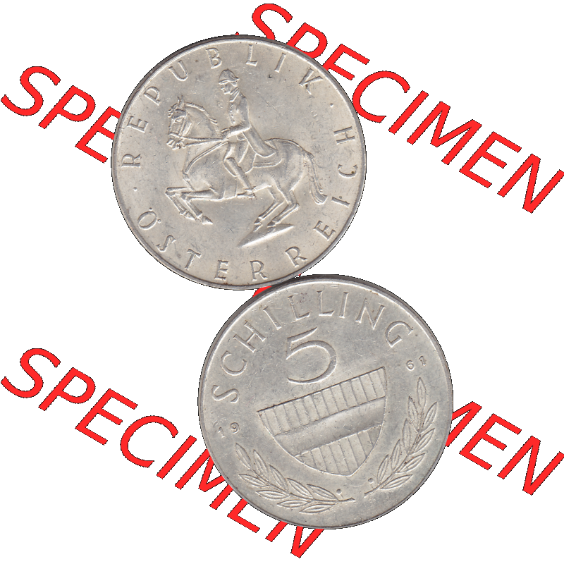 Alte Münze 5 / Fünf Schilling Österreich in original Farbgebung von Scanner transparenten PNG 1960-1968, 5 Fünf Schilling 1961-01, 5,20 Gramm 640er Silber,... Sammlung
