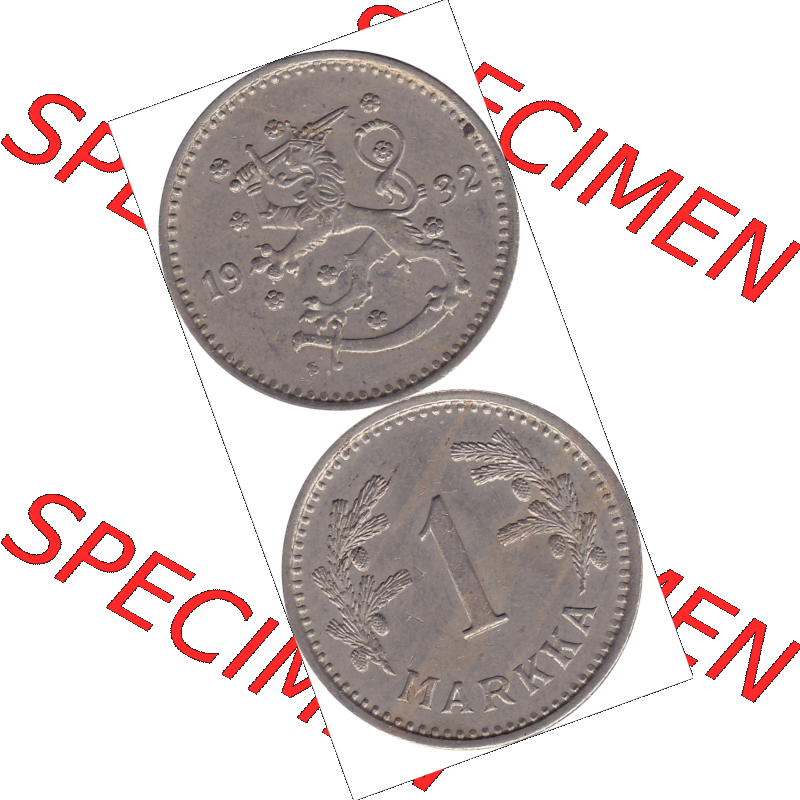 Münze Finnland / SUOMI Umlaufmünzen Sammlung in PNG 1928-1940, 1 finnische Mark, Markka 1932 (8) - Digital Münzen-Bildmaterial einer Münze aus Finnland in... Sammlung