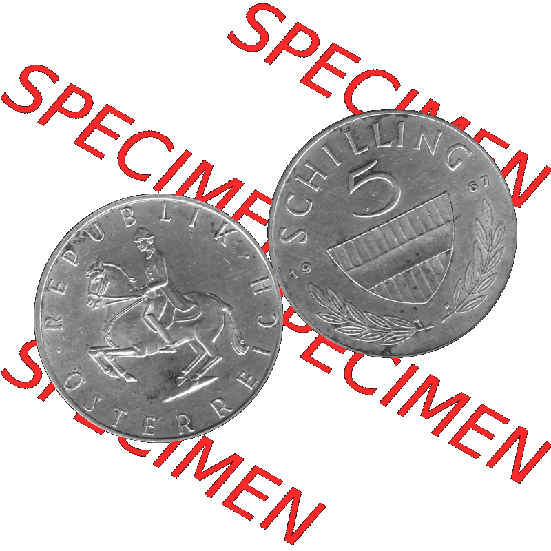 Alte Münze 5 / Fünf Schilling Österreich in s/w Schwarzweiß bzw. Graustufen Farbgebung von Scanner transparenten PNG 1960-1968, 5 Fünf Schilling 1967-01,... Sammlung