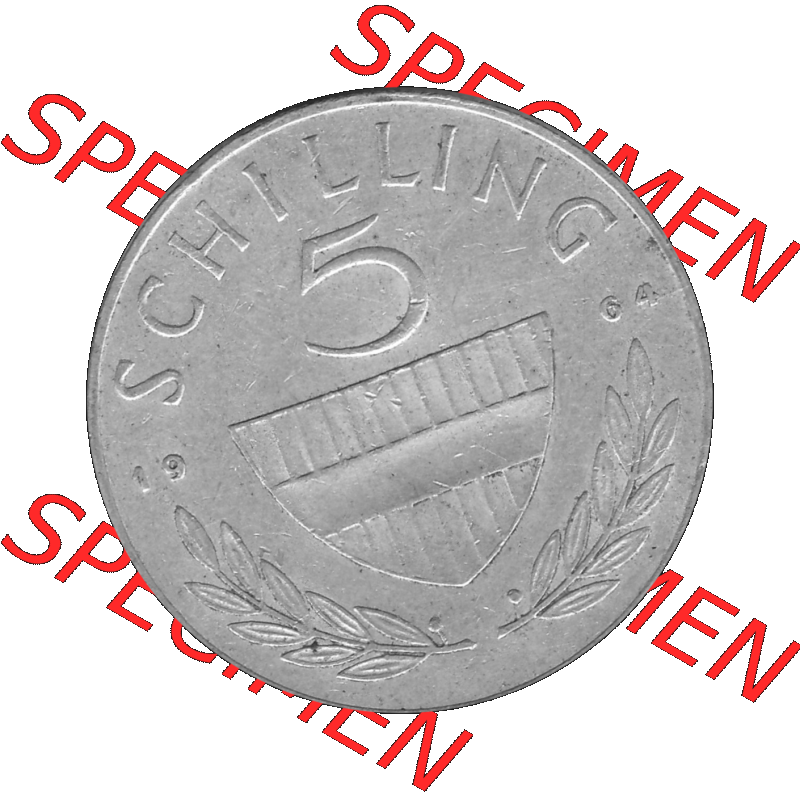 Alte Münze 5 / Fünf Schilling Österreich in s/w Schwarzweiß bzw. Graustufen Farbgebung von Scanner transparenten PNG 1960-1968, 5 Fünf Schilling 1964-01,... Sammlung