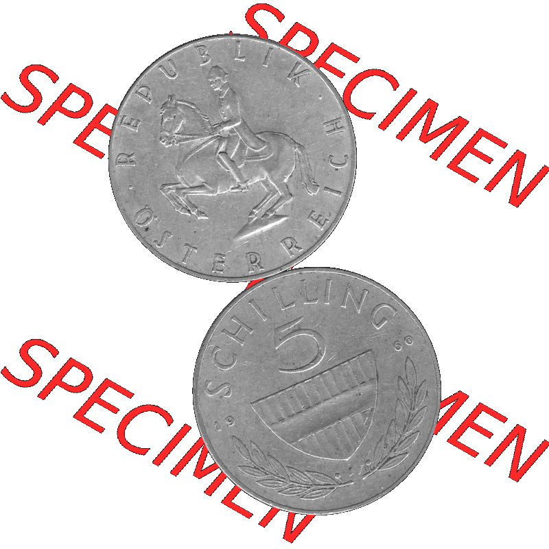 Alte Münze 5 / Fünf Schilling Österreich in s/w Schwarzweiß bzw. Graustufen Farbgebung von Scanner transparenten PNG 1960-1968, 5 Fünf Schilling 1960-01,... Sammlung