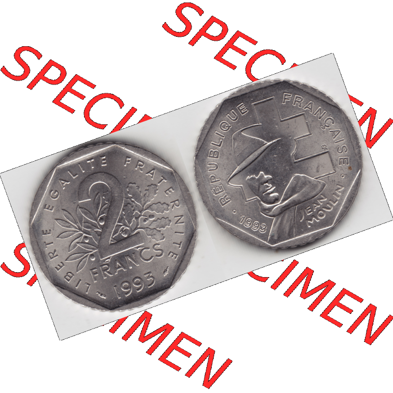 Münze Frankreich Umlaufmünzen Sammlung in PNG 1993-1993, 2 Francs Jean Moulin (3) - Digitales Münzen-Bildmaterial einer französischen Francs Münze aus Frankreich... Sammlung