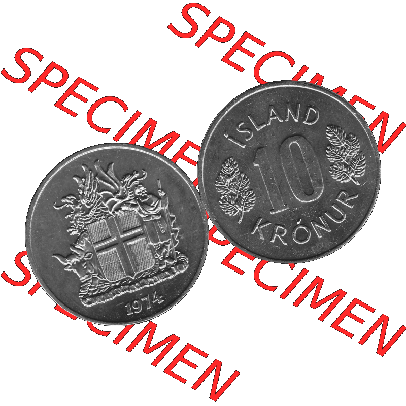 Alte Münze Island Umlaufmünze 1967-1980, 10 Kronur 1974-01, 10 Isländische Kronen Graustufen. Vorderseite und Rückseite der Münze / Kursmünze aus Island,... Sammlung