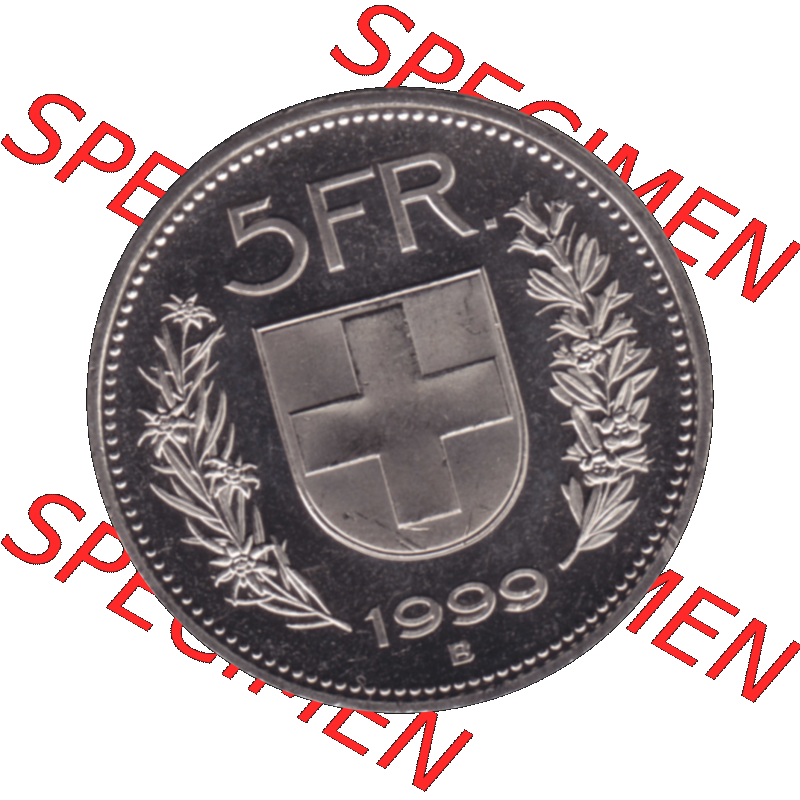 Alte Münze KMS Schweiz in original Farbgebung vom Scanner transparenten PNG 1994-2018, 5 Franken 1999. Rückseite mit Nominal-Wert der Schweizer Münze, zum katalogisieren... Sammlung