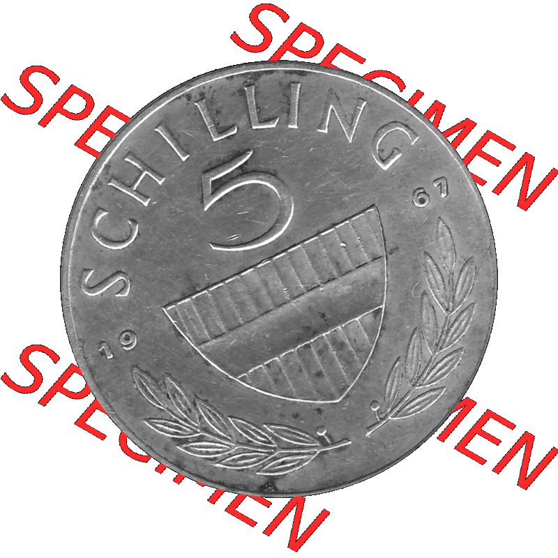 Alte Münze 5 / Fünf Schilling Österreich in s/w Schwarzweiß bzw. Graustufen Farbgebung von Scanner transparenten PNG 1960-1968, 5 Fünf Schilling 1967-01,... Sammlung