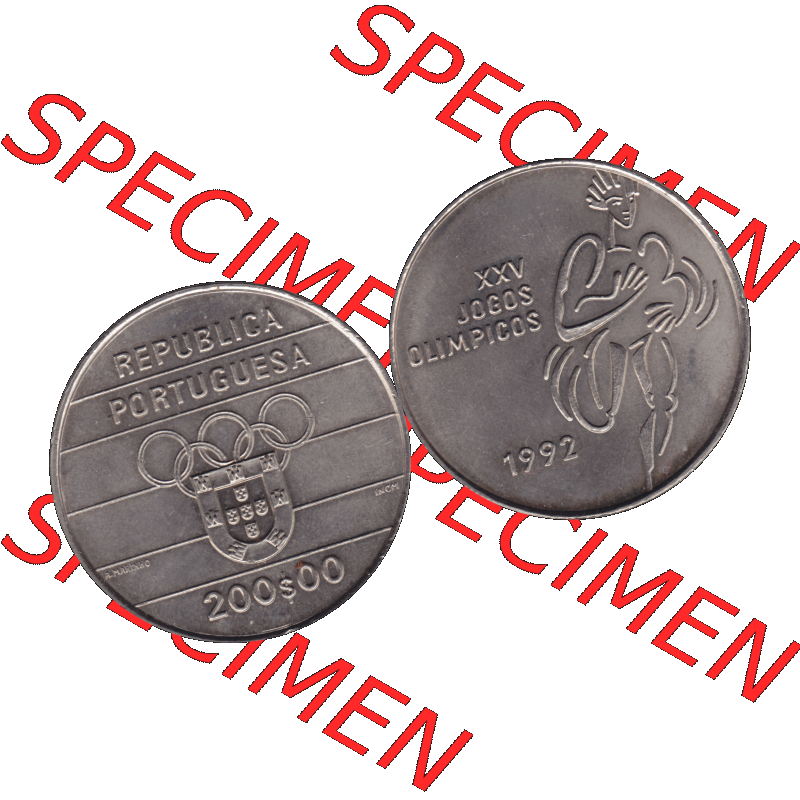 Alte Gedenkmünze aus Portugal als PNG-Grafik 1992, 200 Escudos, XXV Jogos Olimpicos. Vorderseite und Rückseite auf einen Bild/Foto der portugiesischen 200 Escudos Gedenkmünze... Sammlung