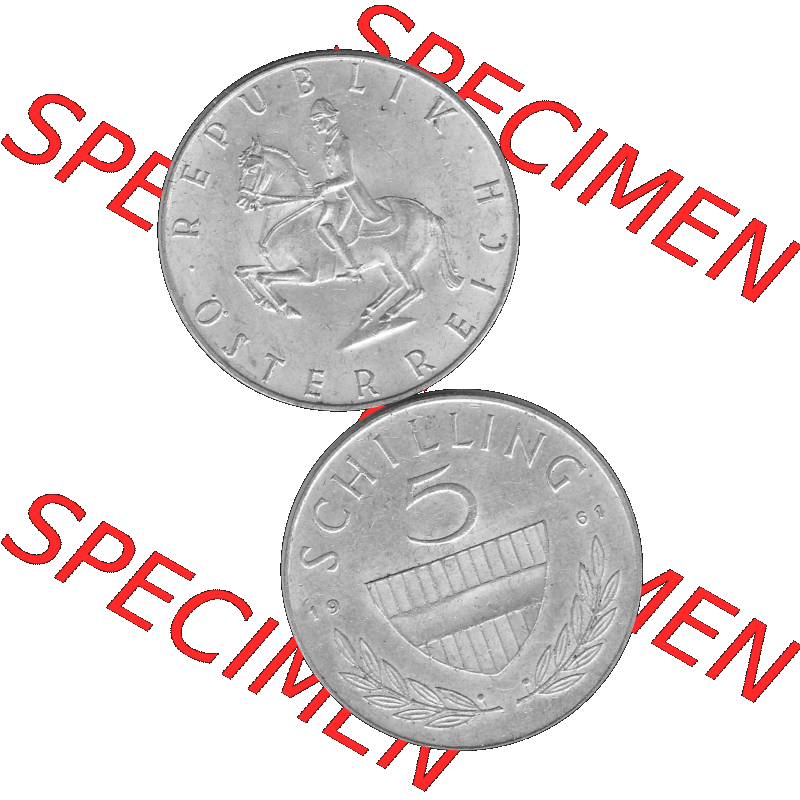 Alte Münze 5 / Fünf Schilling Österreich in s/w Schwarzweiß bzw. Graustufen Farbgebung von Scanner transparenten PNG 1960-1968, 5 Fünf Schilling 1961-01,... Sammlung