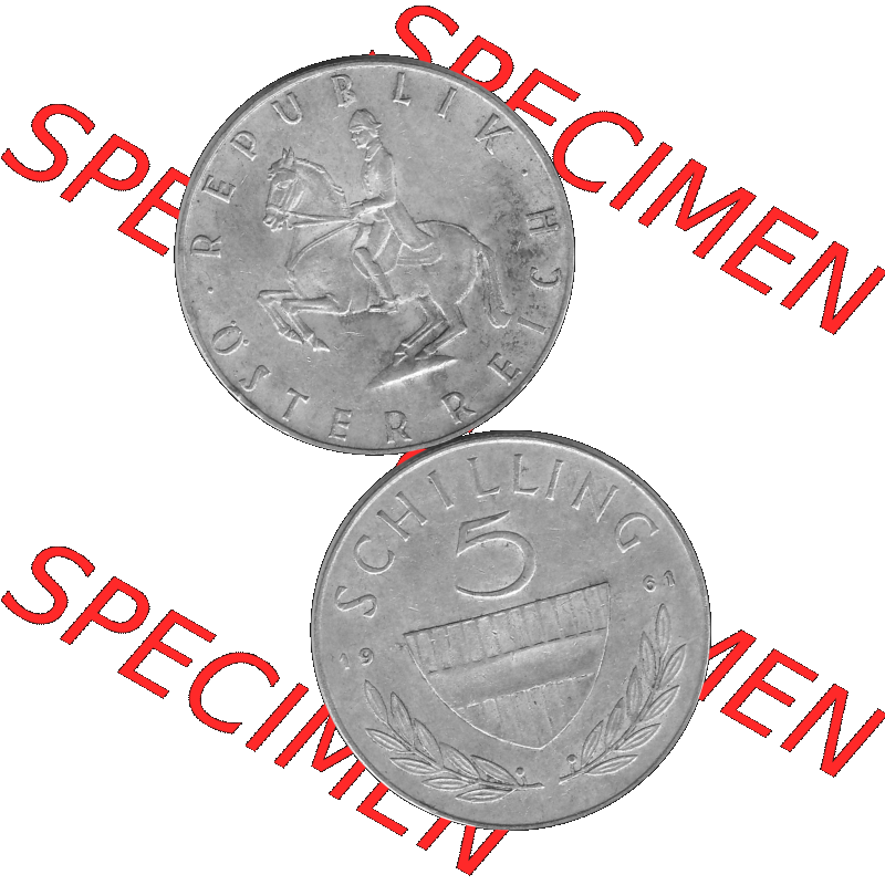 Alte Münze 5 / Fünf Schilling Österreich in s/w Schwarzweiß bzw. Graustufen Farbgebung von Scanner transparenten PNG 1960-1968, 5 Fünf Schilling 1961-02,... Sammlung