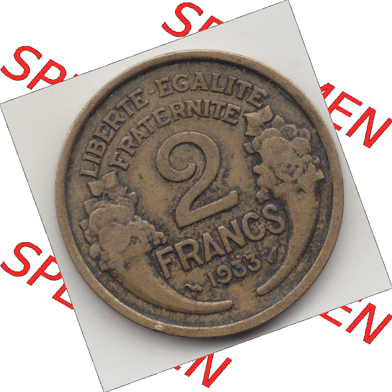 Münze Frankreich Umlaufmünzen Sammlung in PNG 1931-1941, 2 Franken 1933-1 LIBERTE EGALITE FRATERNITE (2) - Digitales Münzen-Bildmaterial einer französischen Francs Münze... Sammlung