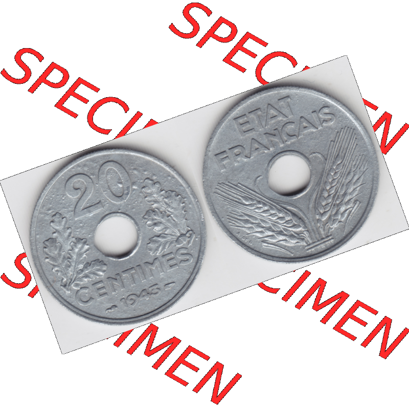 Münze Frankreich Umlaufmünzen Sammlung in PNG 1941-1944, 20 Centimes, Cent 1943 (3) - Digitales Münzen-Bildmaterial einer französischen Francs Münze aus Frankreich... Sammlung