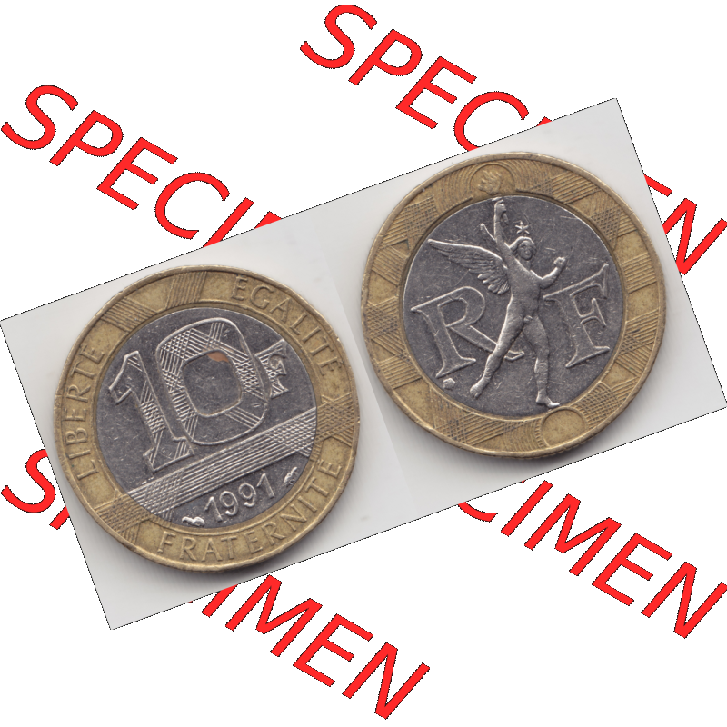 Münze Frankreich Umlaufmünzen Sammlung in PNG 1991, 10 Francs (3) - Digitales Münzen-Bildmaterial einer französischen Francs Münze aus Frankreich in farbige mit... Sammlung