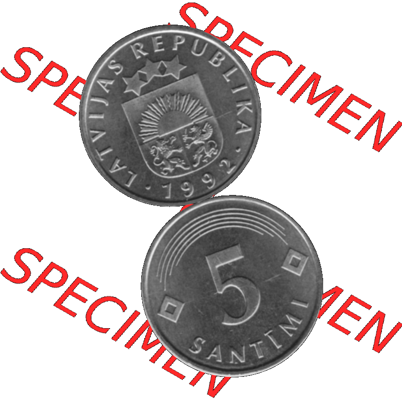 Alte Münze Lettland Umlaufmünze 1992-2009, 5 Santimi 1992-01, VS Staatswappen, RS. Wert-Zahl Graustufen. Vorderseite und Rückseite in Graustufen der Münze... Sammlung