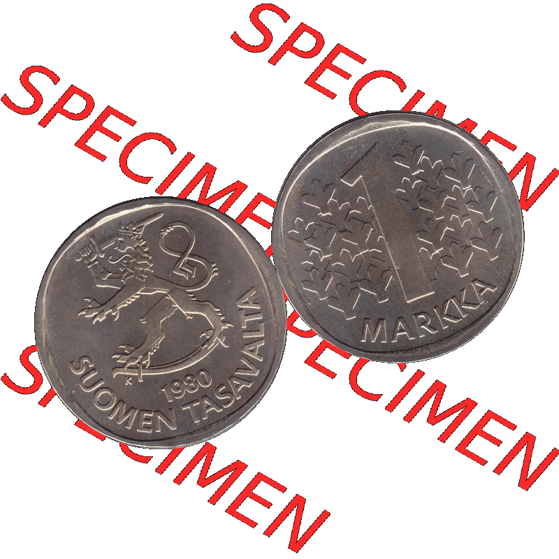 Alte Münzen KMS Finnland, Kursmünzensatz 1980 in Stempelglanz als digitales Computerbild in transparenten PNG 1969-1993, 1 Markka, Eine finnische Mark 1980-01, SUOMEN... Sammlung