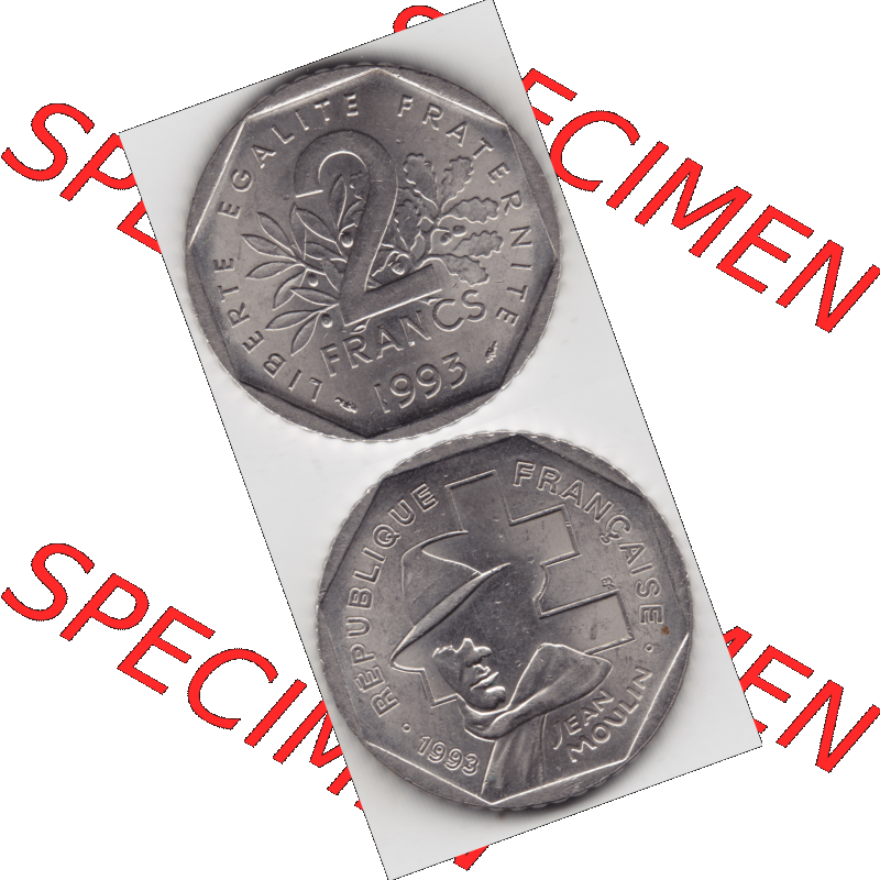 Münze Frankreich Umlaufmünzen Sammlung in PNG 1993-1993, 2 Francs Jean Moulin (4) - Digitales Münzen-Bildmaterial einer französischen Francs Münze aus Frankreich... Sammlung