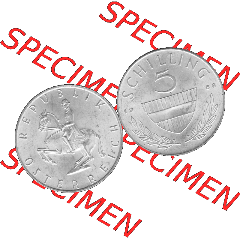 Alte Münze 5 / Fünf Schilling Österreich in s/w Schwarzweiß bzw. Graustufen Farbgebung von Scanner transparenten PNG 1960-1968, 5 Fünf Schilling 1968-01,... Sammlung