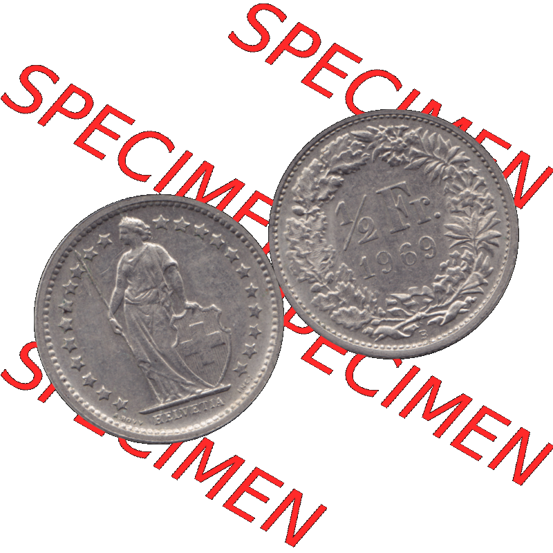 Alte Münze Schweiz in original Farbgebung vom Scanner transparenten PNG 1968-1982, 1/2 (halber) Franken B 1969-03. Vorderseite und Rückseite der Münze aus der... Sammlung