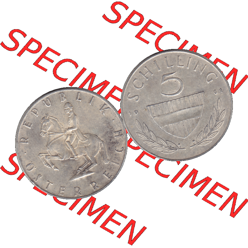 Alte Münze 5 / Fünf Schilling Österreich in original Farbgebung von Scanner transparenten PNG 1960-1968, 5 Fünf Schilling 1961-02, 5,20 Gramm 640er Silber,... Sammlung