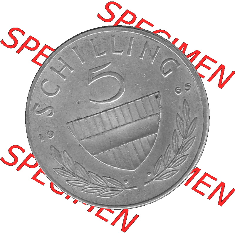 Alte Münze 5 / Fünf Schilling Österreich in s/w Schwarzweiß bzw. Graustufen Farbgebung von Scanner transparenten PNG 1960-1968, 5 Fünf Schilling 1965-01,... Sammlung