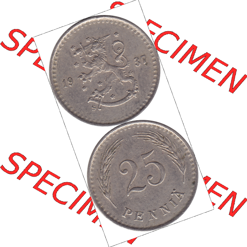 Münze Finnland / SUOMI Umlaufmünzen Sammlung in PNG 1921-1940, 25 Penny, Penniä 1937 (8) - Digital Münzen-Bildmaterial einer Münze aus Finnland in farbige... Sammlung
