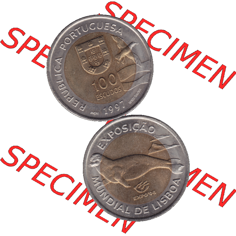 Alte Gedenkmünze aus Portugal als PNG-Grafik 1997, 100 Escudos, EXPO98, Exposicao, Mundial de Lisaboa. Vorderseite und Rückseite vertikal - untereinander auf einen... Sammlung
