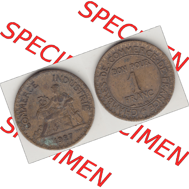 Münze Frankreich Umlaufmünzen Sammlung in PNG 1920-1927, 1 Franken BON POUR 1 FRANC 1927 (3) - Digitales Münzen-Bildmaterial einer französischen Francs Münze aus... Sammlung