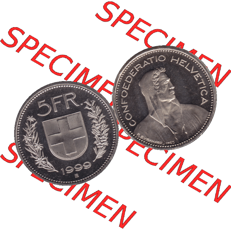 Alte Münze KMS Schweiz in original Farbgebung vom Scanner transparenten PNG 1994-2018, 5 Franken 1999. Erst die Rückseite Links und dann die Vorderseite Rechts der Münze aus... Sammlung
