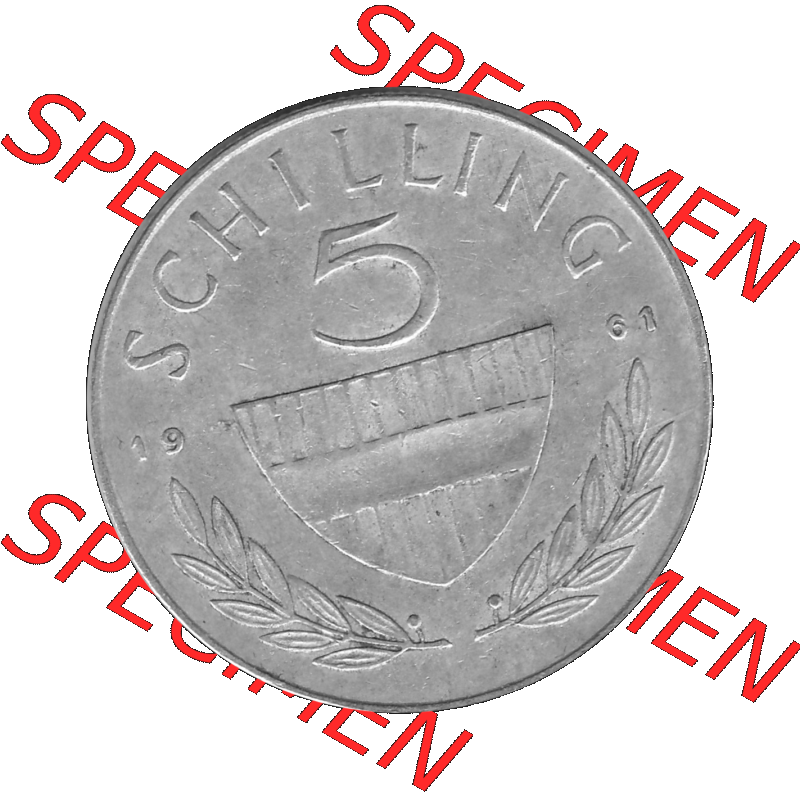 Alte Münze 5 / Fünf Schilling Österreich in s/w Schwarzweiß bzw. Graustufen Farbgebung von Scanner transparenten PNG 1960-1968, 5 Fünf Schilling 1961-02,... Sammlung