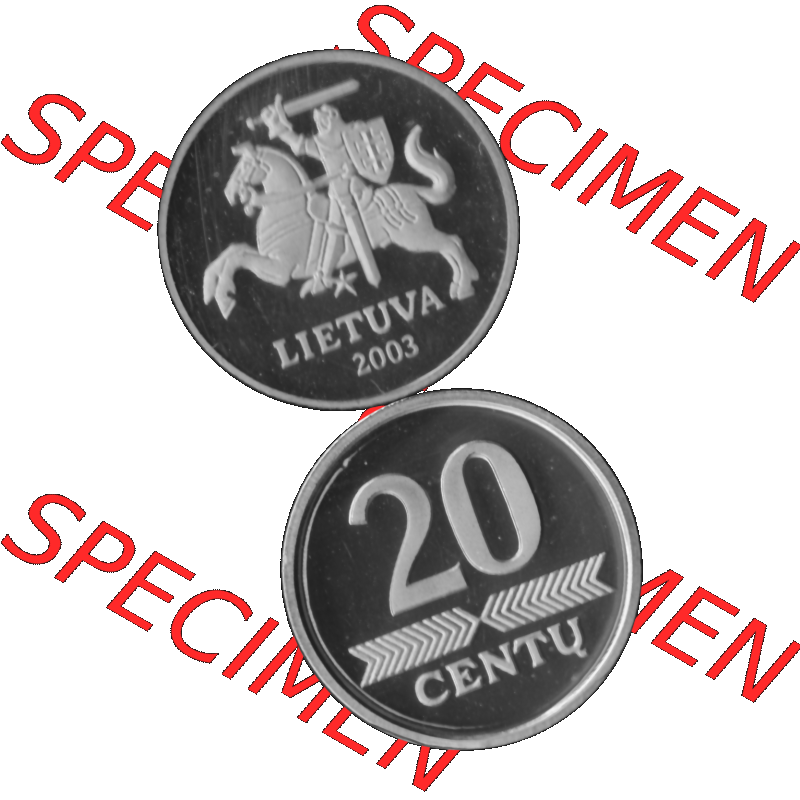 Alte Münze Litauen Kursmünzensatz 1997-2014, 20 Centu 2003-01 Graustufen. Vorderseite und Rückseite in Graustufen der litauischen KMS-Münze 2003, vertikal auf einen... Sammlung