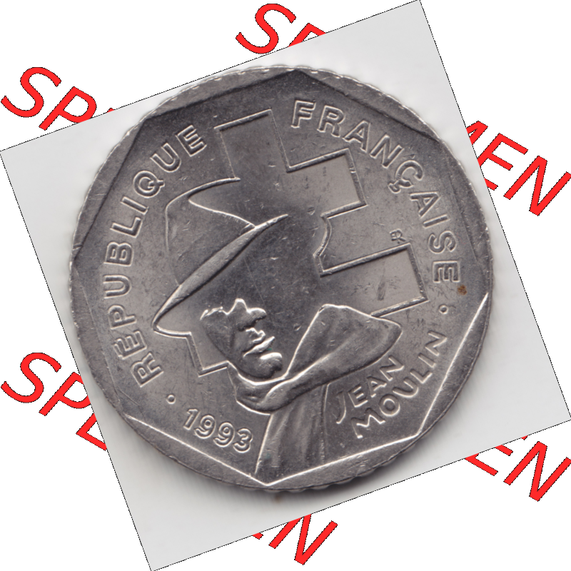 Münze Frankreich Umlaufmünzen Sammlung in PNG 1993-1993, 2 Francs Jean Moulin (2) - Digitales Münzen-Bildmaterial einer französischen Francs Münze aus Frankreich... Sammlung