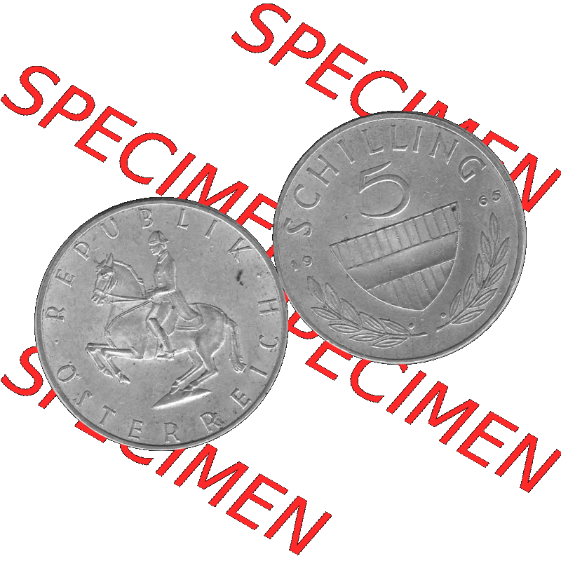 Alte Münze 5 / Fünf Schilling Österreich in s/w Schwarzweiß bzw. Graustufen Farbgebung von Scanner transparenten PNG 1960-1968, 5 Fünf Schilling 1965-01,... Sammlung