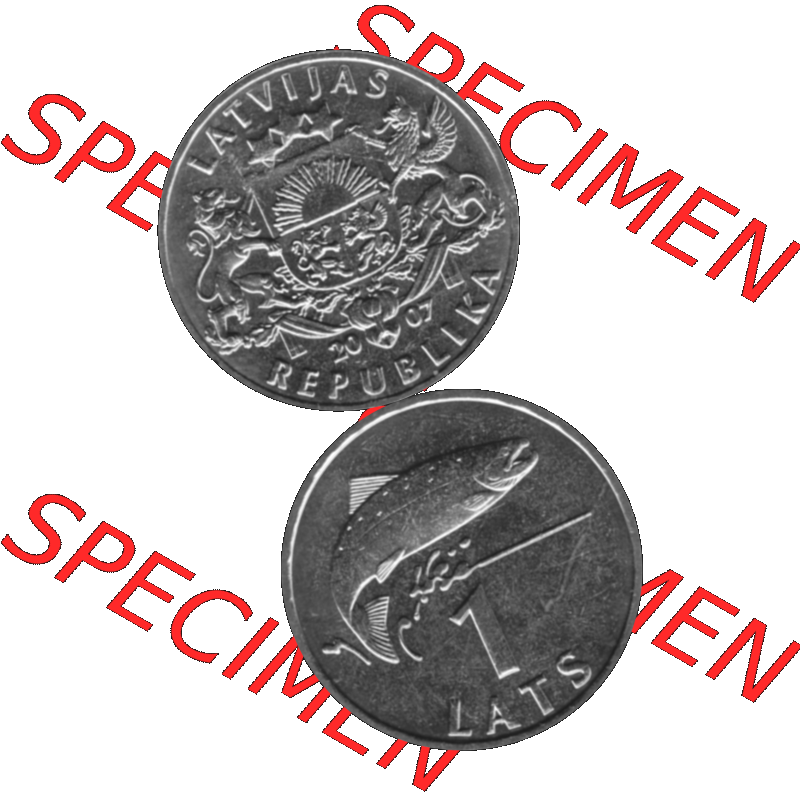 Alte Münze Lettland Umlaufmünze 1992-2008, 1 Lats 2007-01, Atlatischer Lachs Graustufen. Vorderseite und Rückseite in Graustufen der Münze aus Lettland, vertikal... Sammlung
