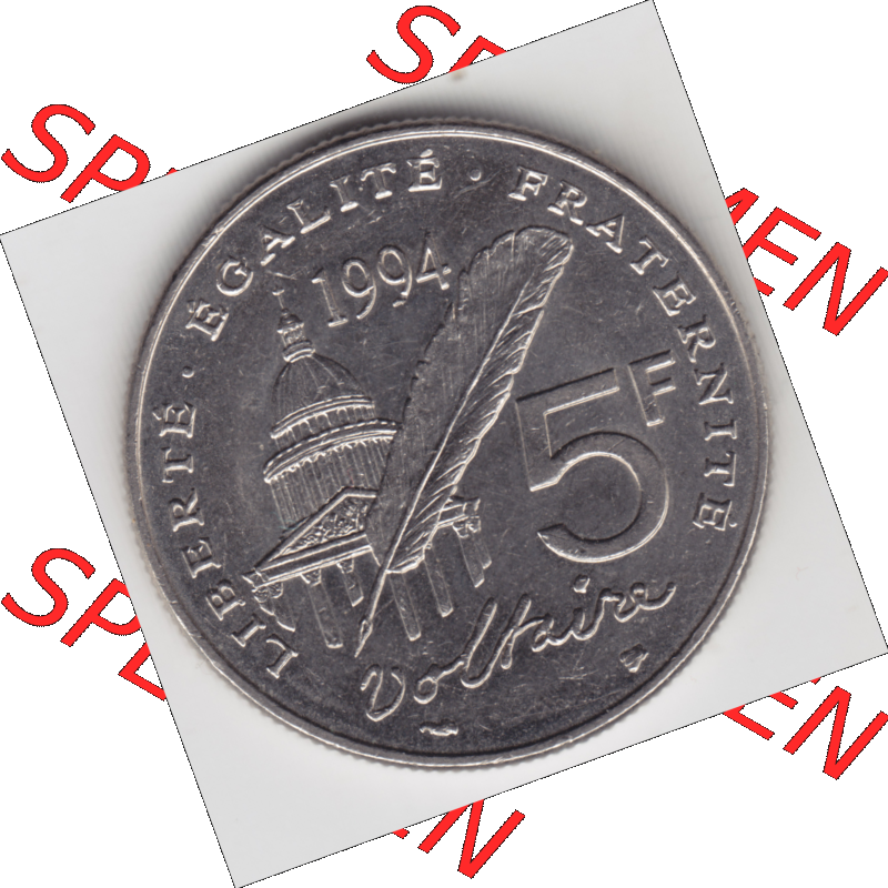Münze Frankreich Umlaufmünzen Sammlung in PNG 1994-1994, 5 Francs Liberte Egalite Fraternite (1) - Digitales Münzen-Bildmaterial einer französischen Francs Münze... Sammlung
