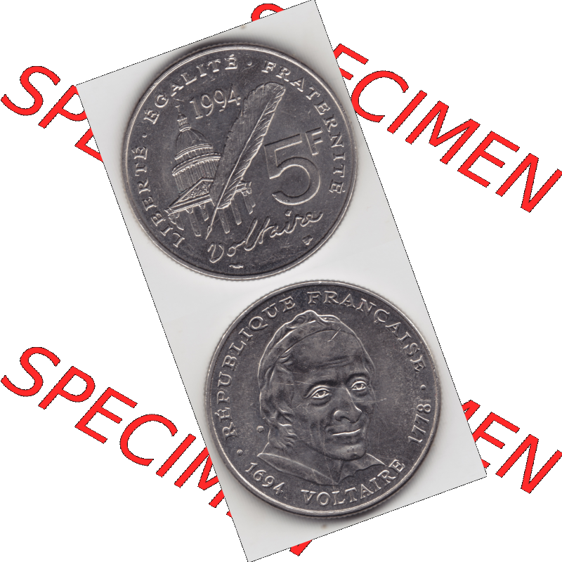 Münze Frankreich Umlaufmünzen Sammlung in PNG 1994-1994, 5 Francs Liberte Egalite Fraternite (4) - Digitales Münzen-Bildmaterial einer französischen Francs Münze... Sammlung