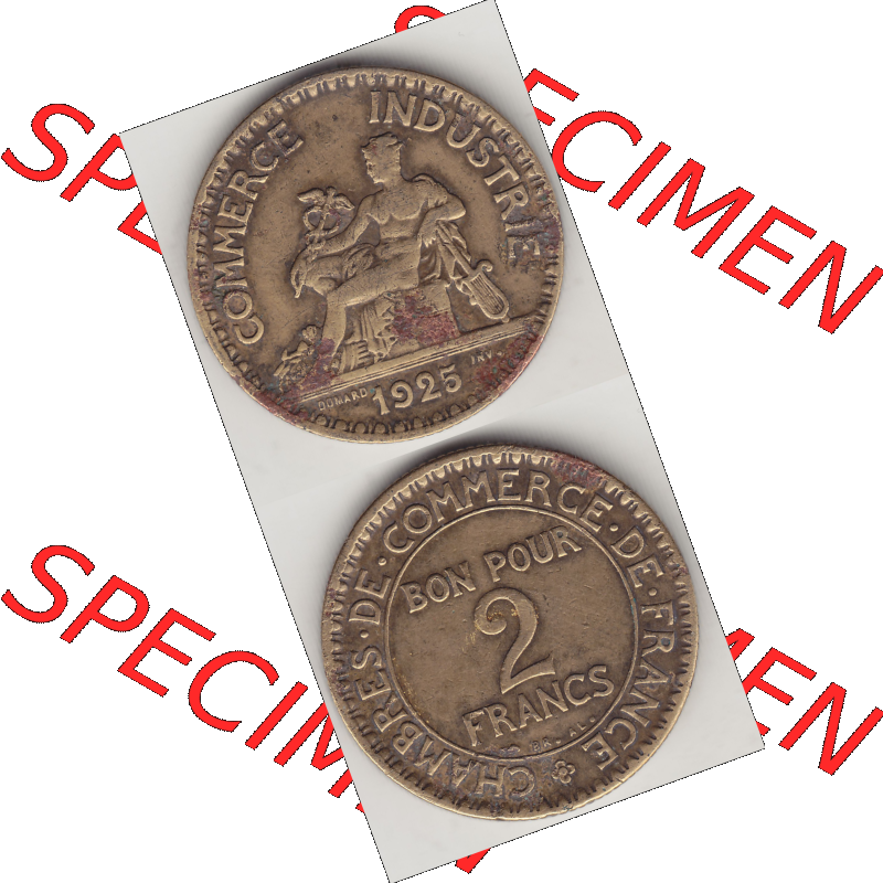 Münze Frankreich Umlaufmünzen Sammlung in PNG 1920-1927, 2 Franken 1925-1, BON POUR 2 FRANCS CHAMBRES DE COMMERCE DE FRANCE (4) - Digitales Münzen-Bildmaterial einer... Sammlung
