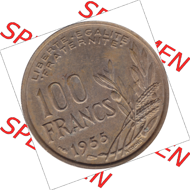 Münze Frankreich Umlaufmünzen Sammlung in PNG 1954-1958, 100 Francs, Franken Typ II 1955-01 (5) - Digitales Münzen-Bildmaterial einer französischen Francs Münze... Sammlung