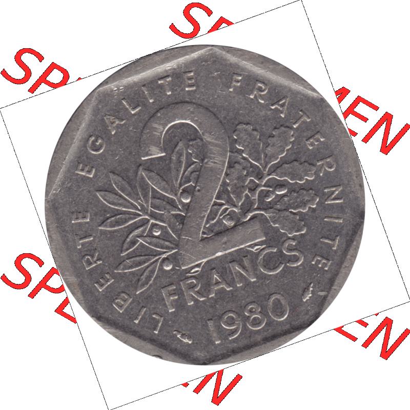 Münze Frankreich Umlaufmünzen Sammlung in PNG 1979-2001, 2 Francs Säerin Semeuse 1980-01 (5) - Digitales Münzen-Bildmaterial einer französischen Francs Münze... Sammlung