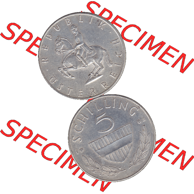 Alte Münze 5 / Fünf Schilling Österreich in original Farbgebung von Scanner transparenten PNG 1960-1968, 5 Fünf Schilling 1962-01, 5,20 Gramm 640er Silber,... Sammlung