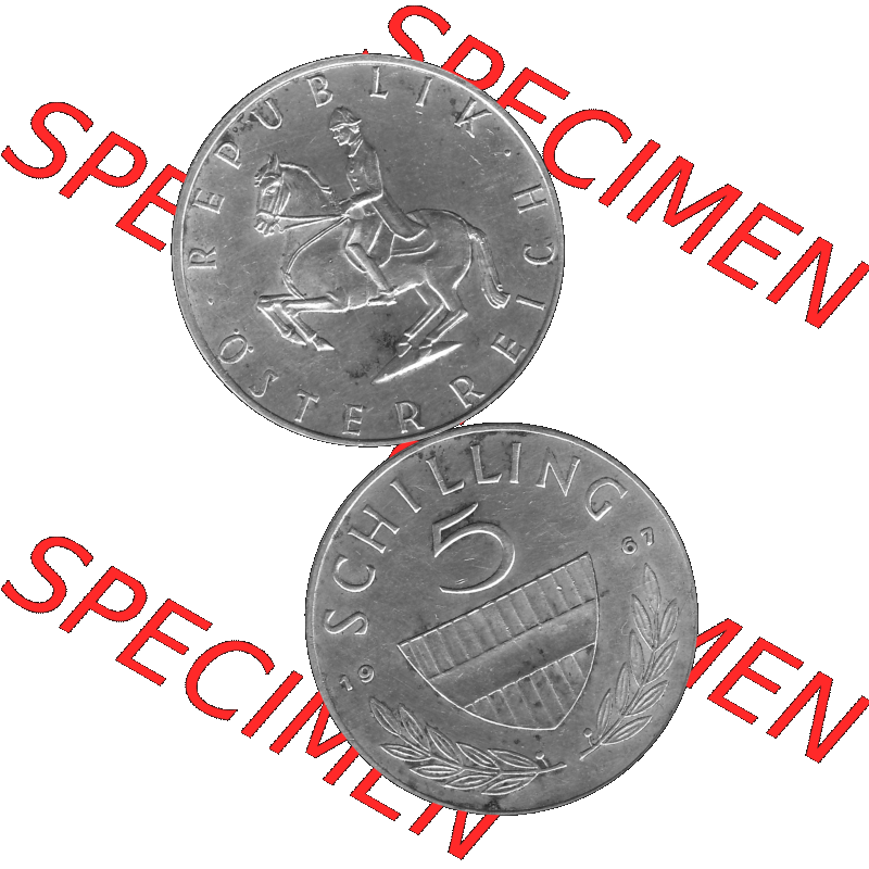 Alte Münze 5 / Fünf Schilling Österreich in s/w Schwarzweiß bzw. Graustufen Farbgebung von Scanner transparenten PNG 1960-1968, 5 Fünf Schilling 1967-01,... Sammlung