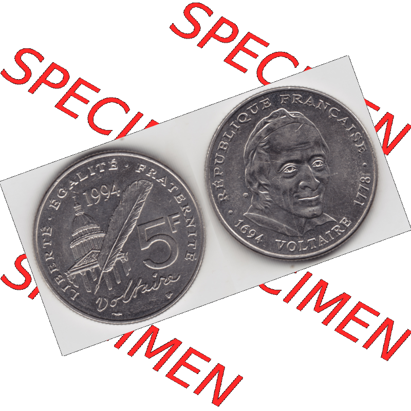 Münze Frankreich Umlaufmünzen Sammlung in PNG 1994-1994, 5 Francs Liberte Egalite Fraternite (3) - Digitales Münzen-Bildmaterial einer französischen Francs Münze... Sammlung