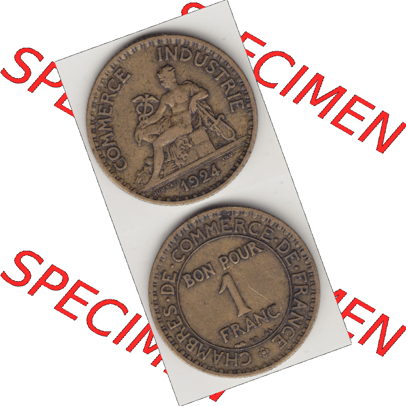 Münze Frankreich Umlaufmünzen Sammlung in PNG 1920-1927, 1 Franken BON POUR 1 FRANC 1924-2 (4) - Digitales Münzen-Bildmaterial einer französischen Francs Münze... Sammlung