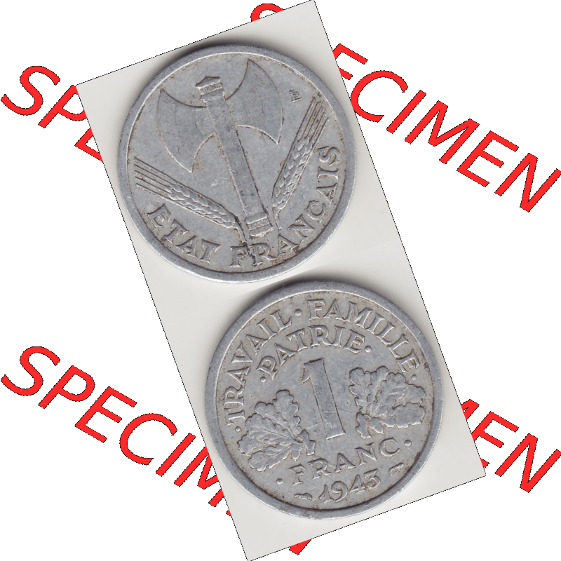 Münze Frankreich Umlaufmünzen Sammlung in PNG 1942-1944, 1 Franken - Francs 1943-2 (4) - Digitales Münzen-Bildmaterial einer französischen Francs Münze aus Frankreich... Sammlung