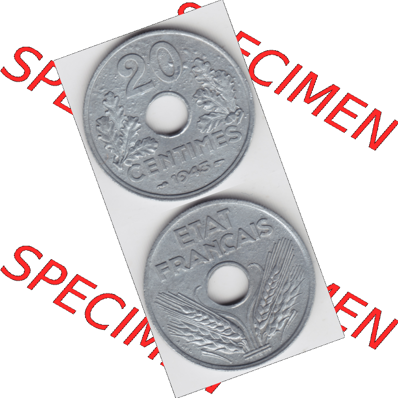 Münze Frankreich Umlaufmünzen Sammlung in PNG 1941-1944, 20 Centimes, Cent 1943 (4) - Digitales Münzen-Bildmaterial einer französischen Francs Münze aus Frankreich... Sammlung