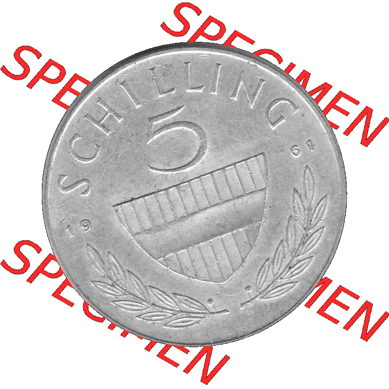 Alte Münze 5 / Fünf Schilling Österreich in s/w Schwarzweiß bzw. Graustufen Farbgebung von Scanner transparenten PNG 1960-1968, 5 Fünf Schilling 1961-01,... Sammlung