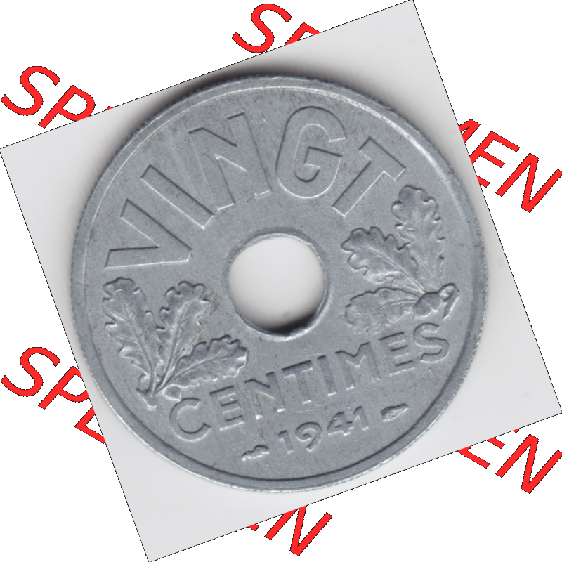 Münze Frankreich Umlaufmünzen Sammlung in PNG 1941-1941, VINGT 20 Centimes, Cent (1) - Digitales Münzen-Bildmaterial einer französischen Francs Münze aus... Sammlung